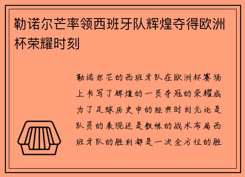 勒诺尔芒率领西班牙队辉煌夺得欧洲杯荣耀时刻